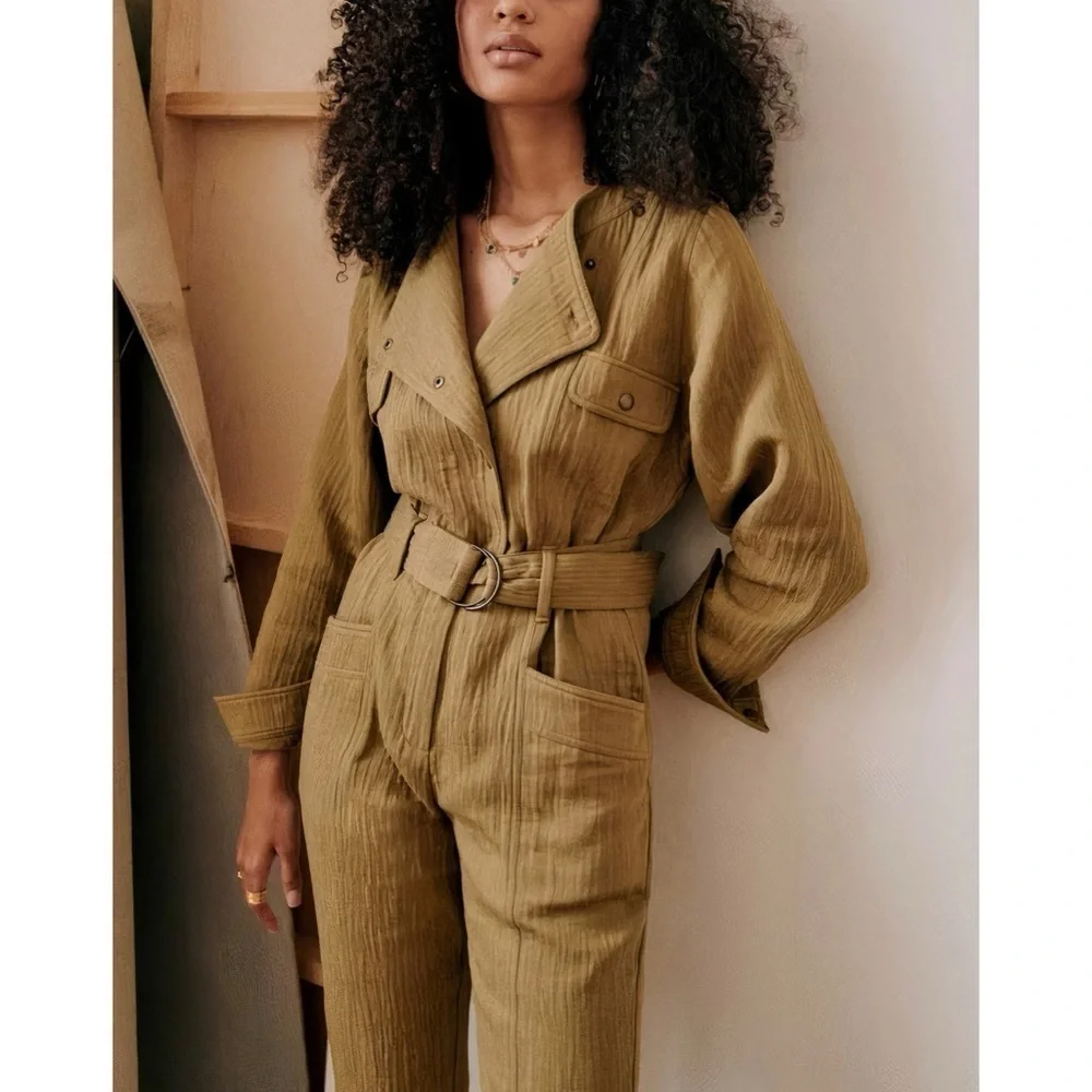 Sezane Linen-Blend Hailey Long-Sleeve Jumpsuit